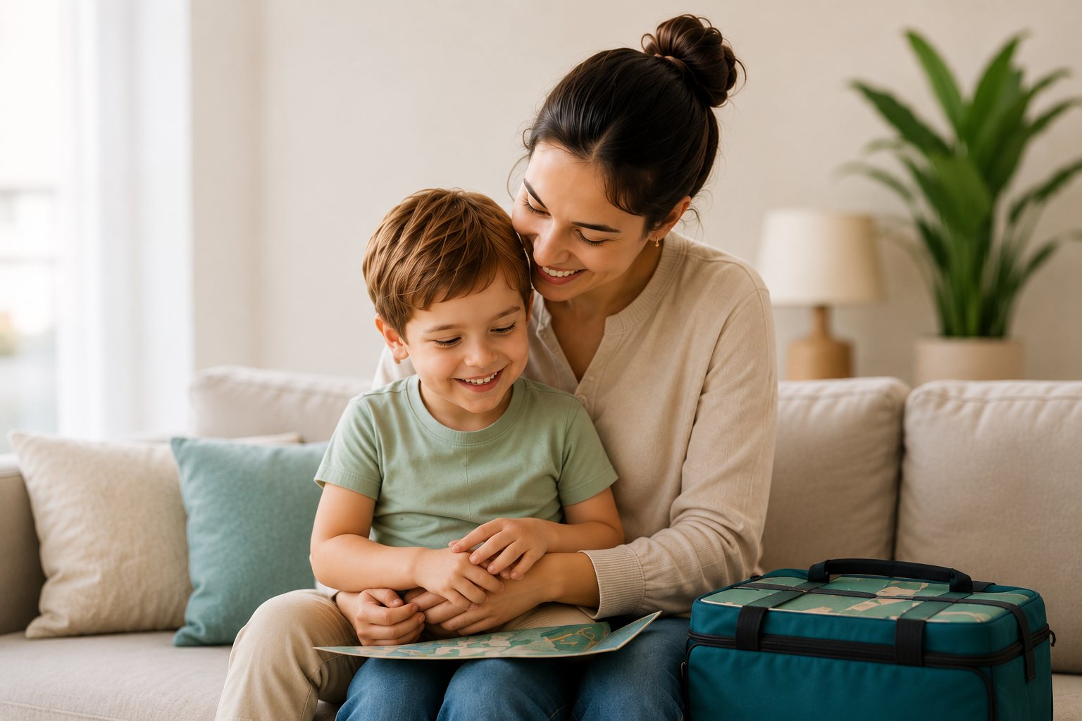 Mãe e filho sorrindo em casa